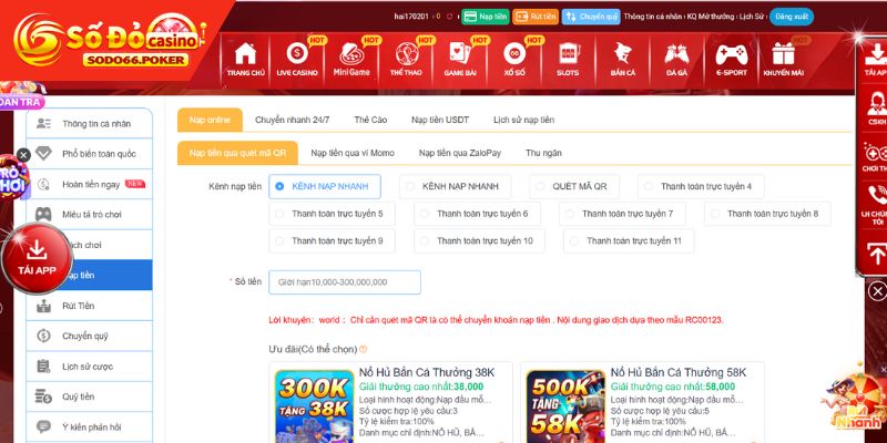Hướng dẫn thực hiện nạp tiền vào SODO66 suôn sẻ
